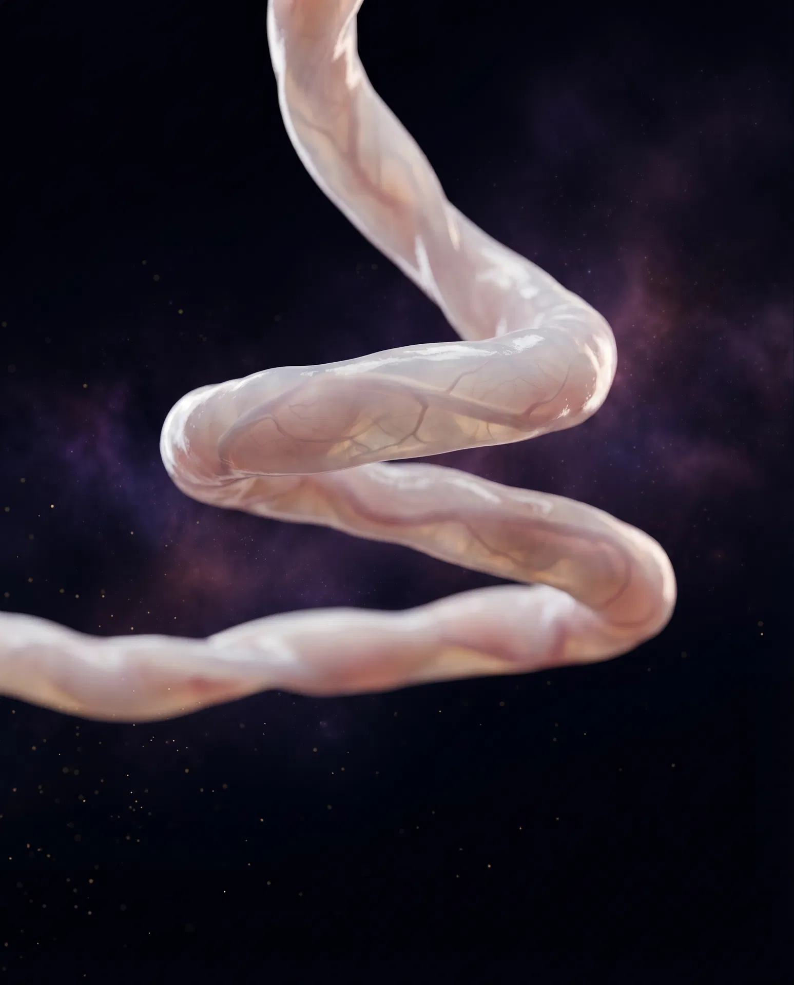 Photoreal pearl-white human umbilical cord helix on a deep violet nebula background