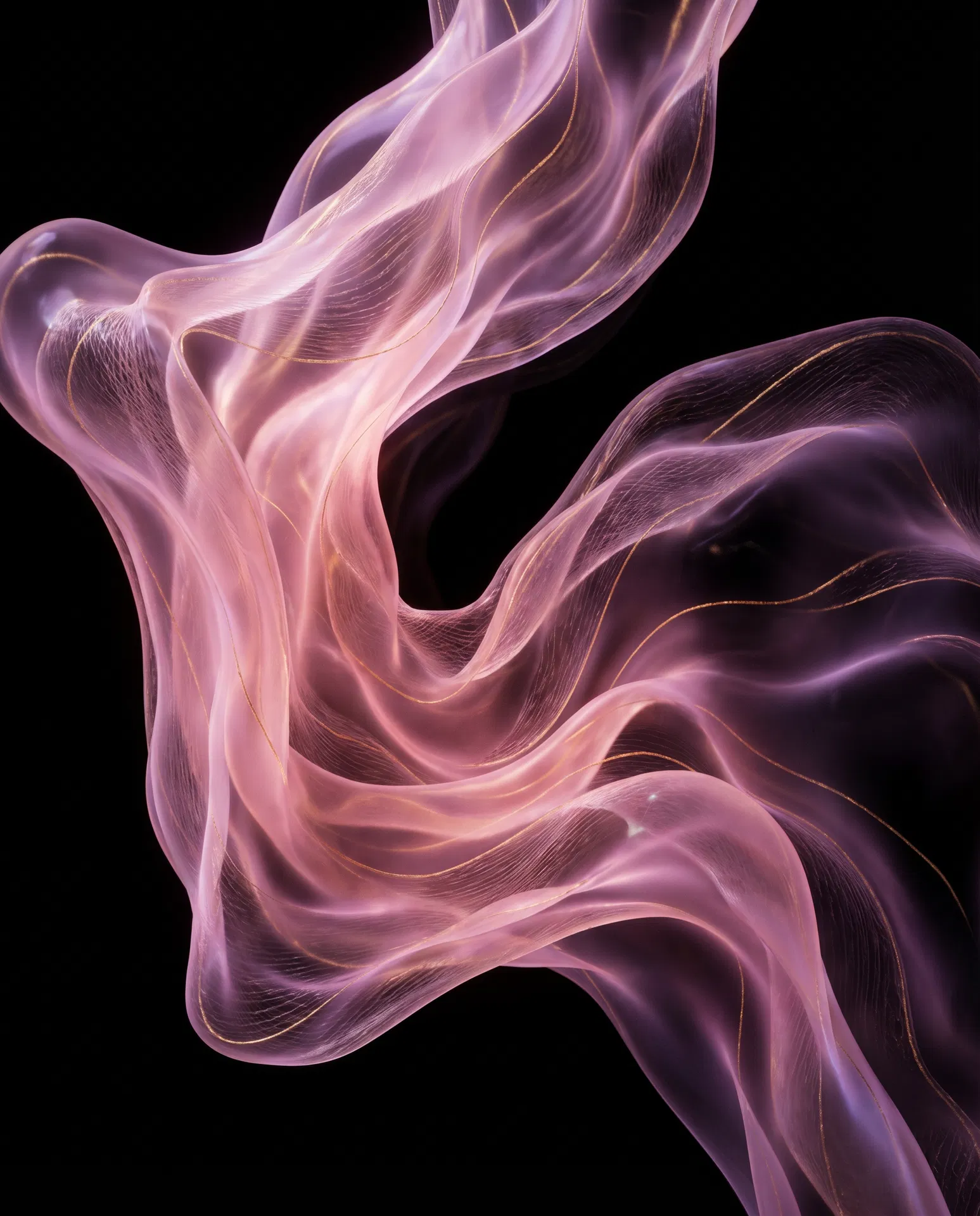 Translucent rose-petal pink mucopolysaccharide matrix swirling with hair-thin gold filaments