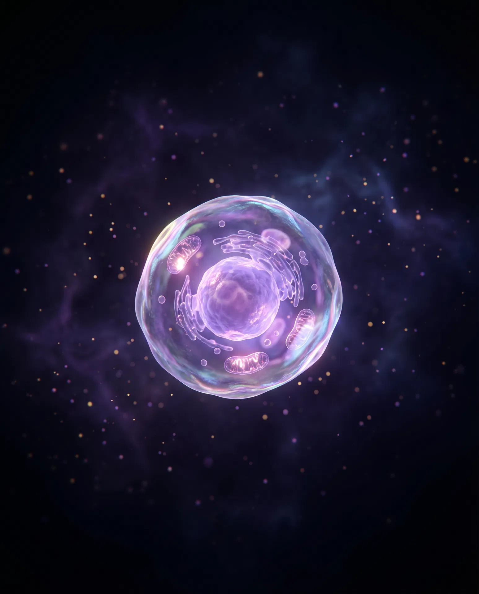 Photoreal mesenchymal stem cell glowing in violet and pink with visible inner organelles